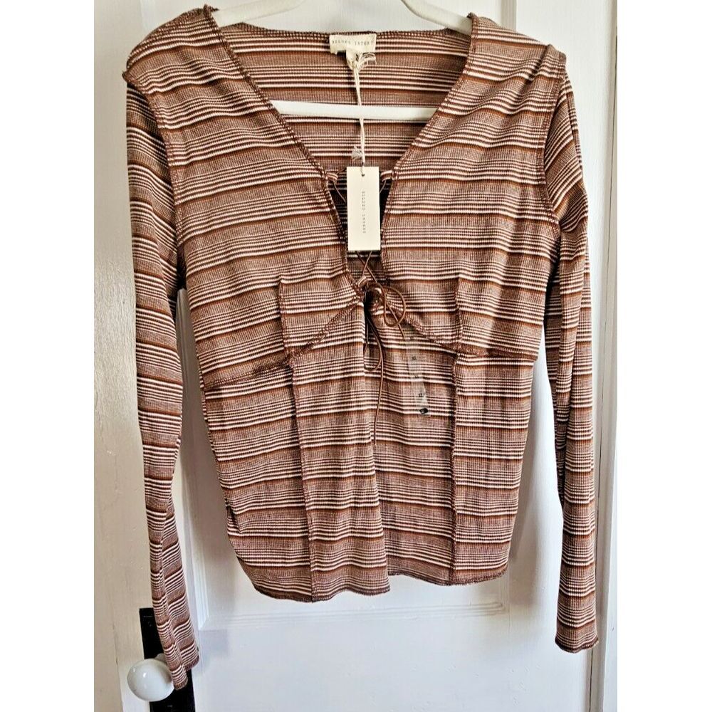 NWT GILDED INTENT Striped criss cross neck seamed stretchy pullover Sz XL